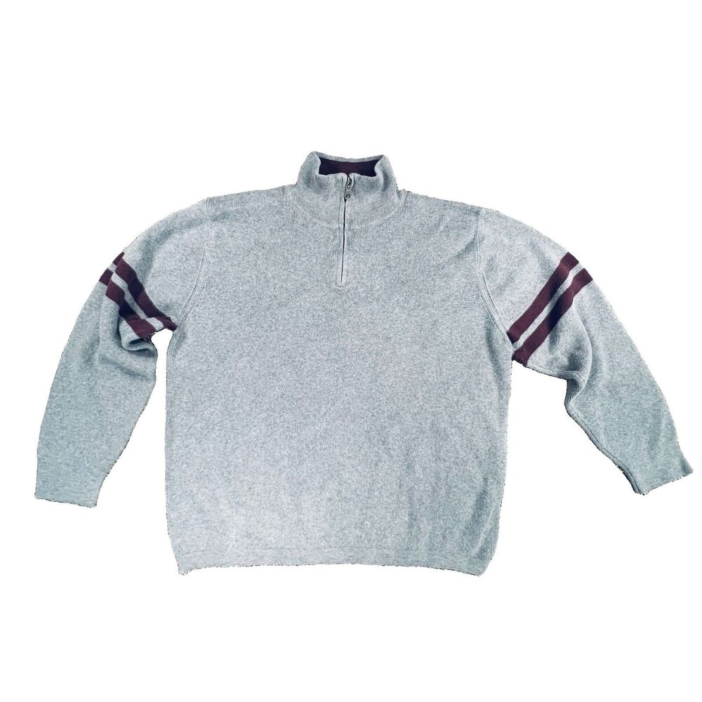 Gap 1/4 Zip Sweater XL Gray Burgundy Double Stripes Cotton Mock Neck 90s Preppy